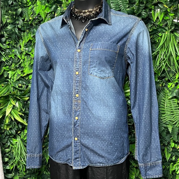 Jachs Tops - JACHS Denim‎ Shirt Women Size L Blue Polka Dot Long Sleeve Button Front 3528